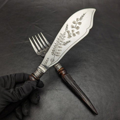 1899 British Antique Silver Plated Fish Server Set Deer Antlers Handle
